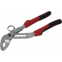 Multigrip pliers with pushbutton and box-jointed arms, polished chrome-plate+clip