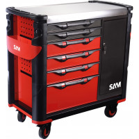 Extra-wide 6-drawer tool trolley with side cabinet and stainless steel top