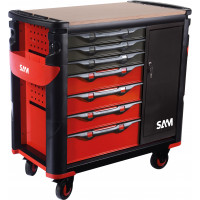 Extra-wide 7-drawer tool trolley with side cabinet and wood top