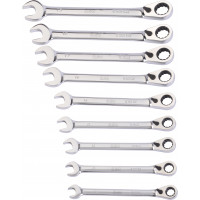 Set of 9 multi-nut inch / metric ratchet combination spanners