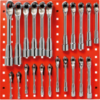 Panel with 22 socket wrenches, bright chrome-plat, 6/6-flat in mm