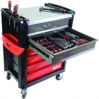 Selection of 149 industrial maintenance tools in foam module + 6-drawer tool trolley servi-630n