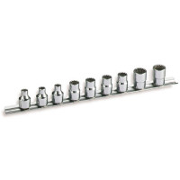 Set of 9 sockets 3/8" in inches on storage rack