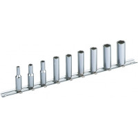 Sets of 9 long sockets, 6-flat 1/4" in inches on storage rack