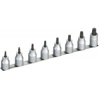 Set of 8 single-piece screwdriver sockets 1/2" for Torx® imprint on storage rack