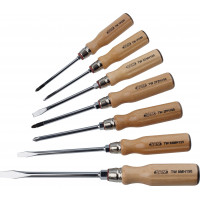 Set of 7 screwdrivers with wood handle, slotted, Phillips®, Pozidriv®